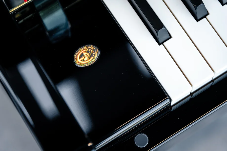 عکس نمای نزدیک از هولوگرام گواهینامه برتری اروپا (EEX) برای پیانوی دیواری پتروف