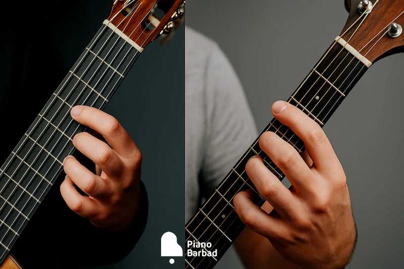 دسته و فاصله سیم‌ها در گیتار - پیانو باربد